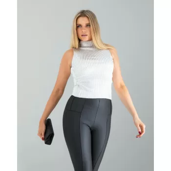 Beyaz Bisiklet Yaka Varaklı Triko