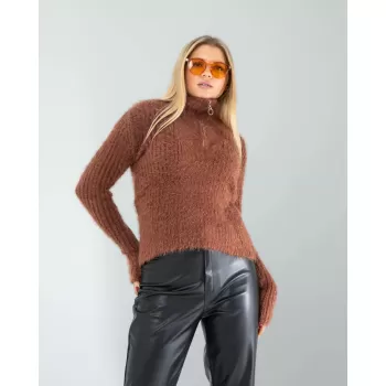 Kahve Fermuarlı Sakal Triko