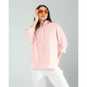 Yarım Düğme Turuncu Çizgili Beyaz Gömlek