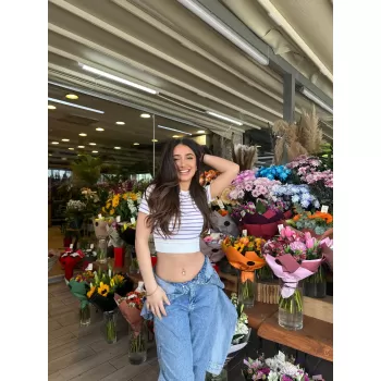 Mor Çizgili Manşet Detay T-Shirt