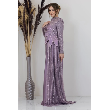 Beli Çiçek Detaylı Bergüzar Abiye - Gül Kurusu