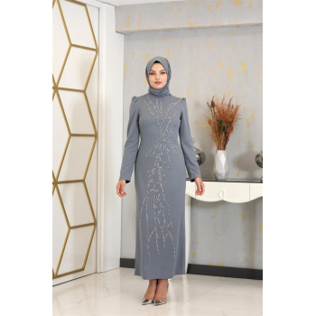 Aplik İşlemeli Kalem Tuana Kalem Tesettür Elbise - Gri