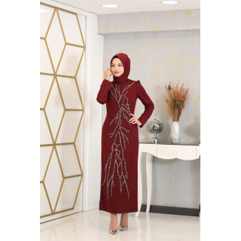 Aplik İşlemeli Kalem Tuana Kalem Tesettür Elbise - Bordo