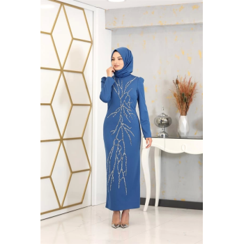 Aplik İşlemeli Kalem Tuana Kalem Tesettür Elbise - İndigo