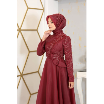 Çiçek Detaylı Ela Tesettür Abiye - Bordo