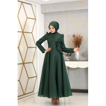 Çiçek Detaylı Ela Tesettür Abiye - Zümrüt Yeşili
