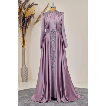 Önü Drapeli Aplikli Karaca Tesettür Abiye - Gül Kurusu