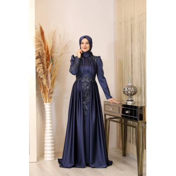 Önü Drapeli Aplikli Karaca Tesettür Abiye - Kırmızı