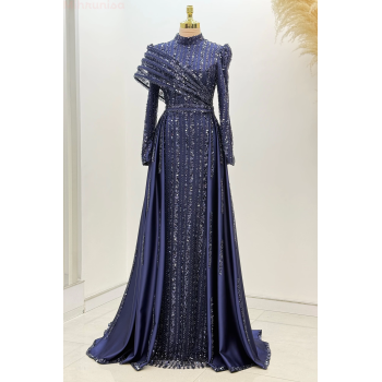 Omuz Detaylı Saten Elegance Abiye - Lacivert