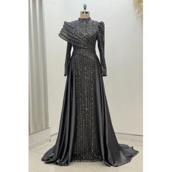 Omuz Detaylı Saten Elegance Abiye - Gri