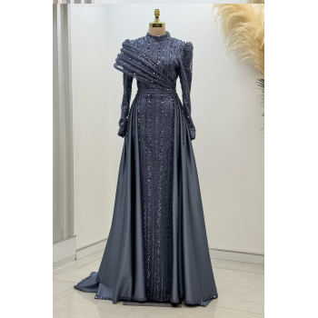 Omuz Detaylı Saten Elegance Abiye - İndigo
