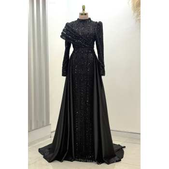 Omuz Detaylı Saten Elegance Abiye - Siyah