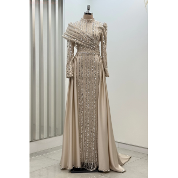 Omuz Detaylı Saten Elegance Abiye - Gold