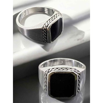 Oniks Taşlı Desenli 925 Ayar Gümüş Erkek Yüzük