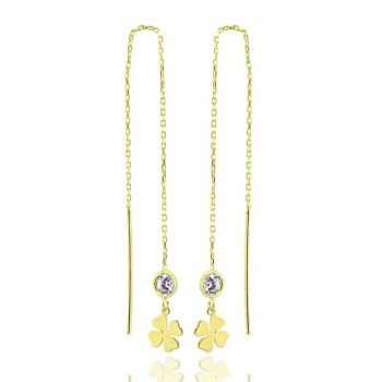 Zincirli Yonca Küpe - 925 Ayar Gümüş Üzeri Altın Kaplama