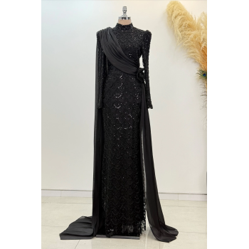 Şifon Pelerin Detay Boncuklu Milena Abiye - Siyah