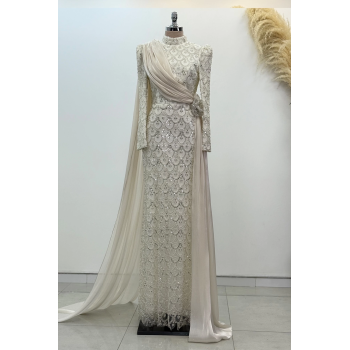 Şifon Pelerin Detay Boncuklu Milena Abiye - Beyaz