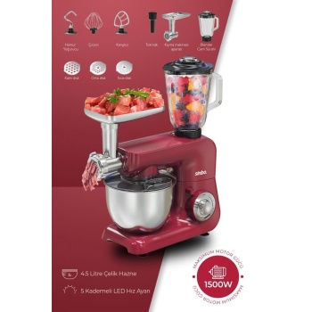 Sinbo SMX-2775 Çok Amaçlı 3ın1 Mutfak Şefi Hamur Yoğurma Kıyma Makinesi Sürahi Blender 1500w Kırmızı