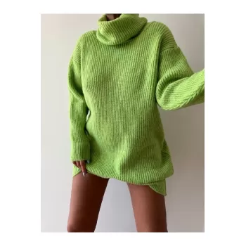 Yeşil Boğazlı Triko Elbise