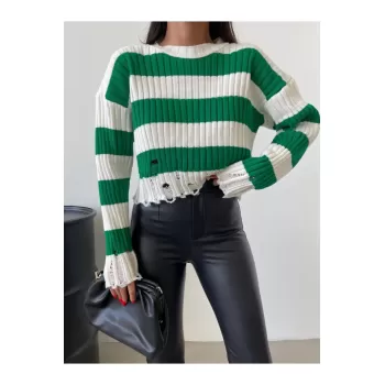 Yeşil Çizgili Yırtık Detaylı Triko Kazak