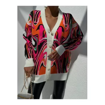 V Yaka Düğmeli Oversize Ebruli Desen Hırka