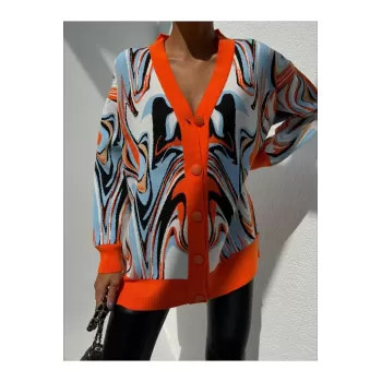 V Yaka Düğmeli Oversize Ebruli Desen Hırka