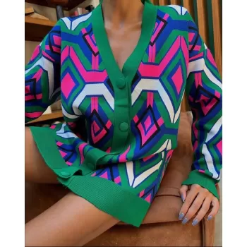 Özel Tasarım Yeşil Çelik Örgü Triko Kadın Hırka