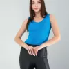 Mavi Merdiven Yaka Kalın Askı Crop Bluz
