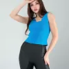 Mavi Merdiven Yaka Kalın Askı Crop Bluz