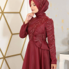 Çiçek Detaylı Ela Tesettür Abiye - Bordo