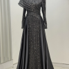 Omuz Detaylı Saten Elegance Abiye - Gri