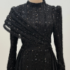 Omuz Detaylı Saten Elegance Abiye - Siyah