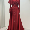 Omuz Detaylı Saten Elegance Abiye - Kırmızı