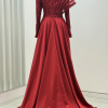 Omuz Detaylı Saten Elegance Abiye - Kırmızı