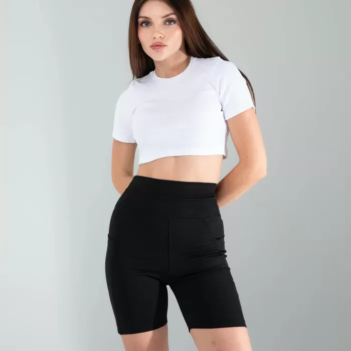 Siyah Fitilli Push Up Toparlayıcı Biker Spor Tayt