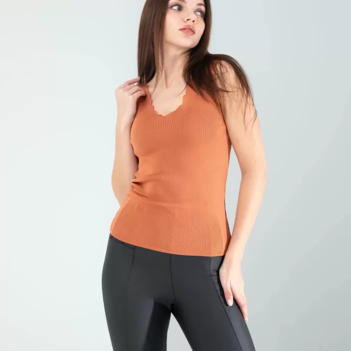 Kahve Merdiven Yaka Kalın Askı Crop Bluz
