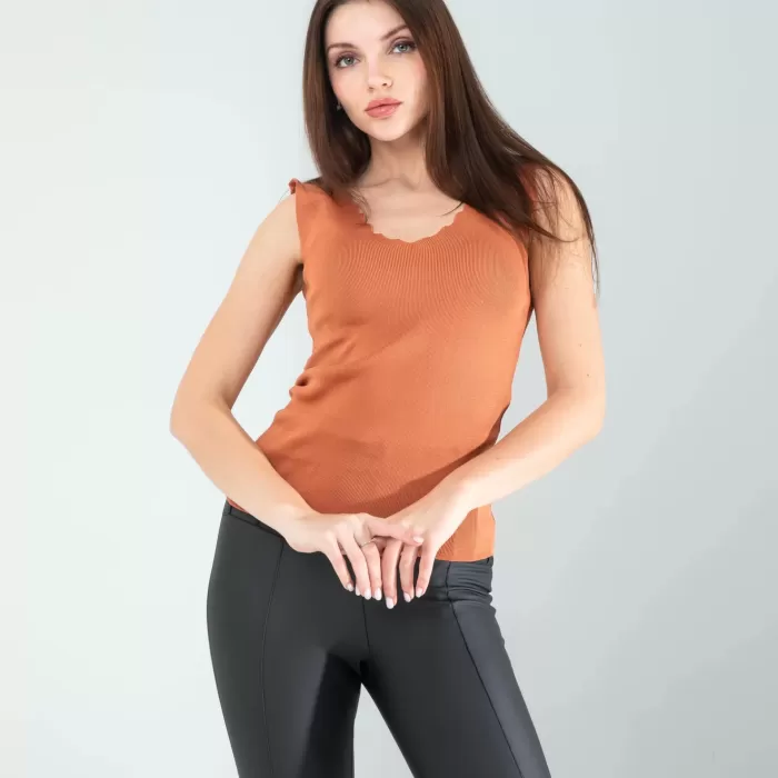 Kahve Merdiven Yaka Kalın Askı Crop Bluz