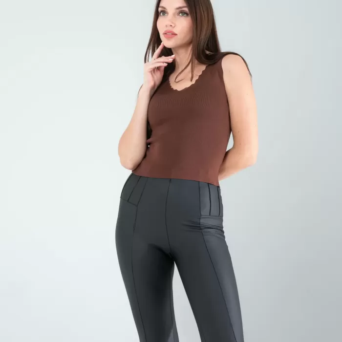 Acı Kahve Merdiven Yaka Kalın Askı Crop Bluz