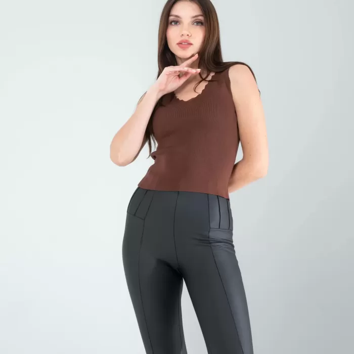 Acı Kahve Merdiven Yaka Kalın Askı Crop Bluz
