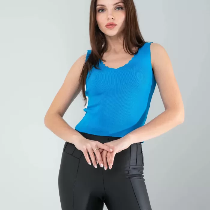 Mavi Merdiven Yaka Kalın Askı Crop Bluz