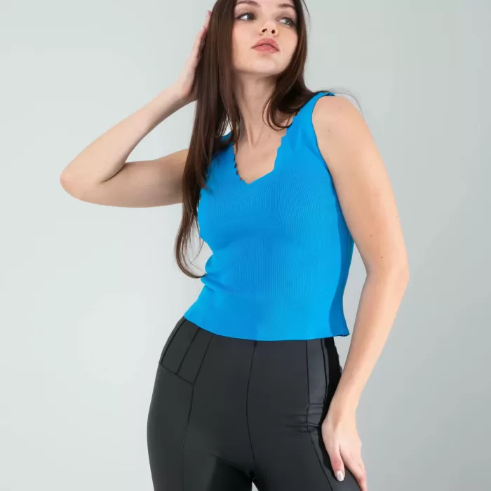 Mavi Merdiven Yaka Kalın Askı Crop Bluz