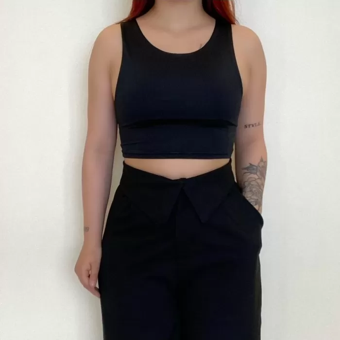 Siyah Kalın Askılı Scuba Kumaş Crop