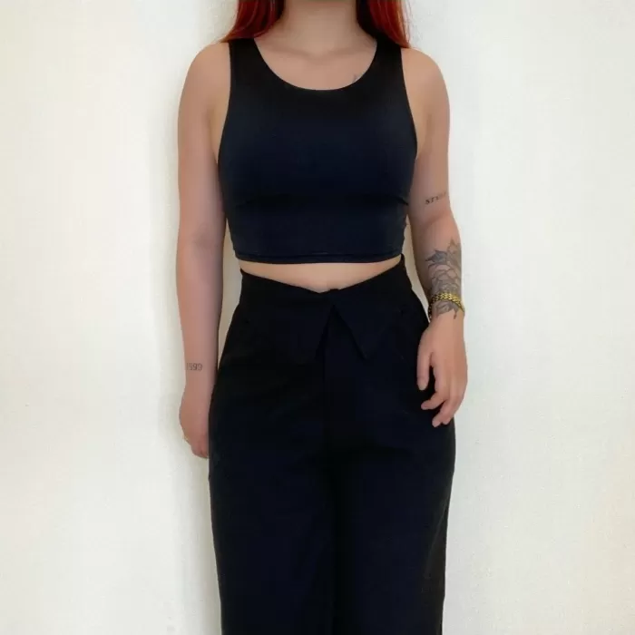 Siyah Kalın Askılı Scuba Kumaş Crop