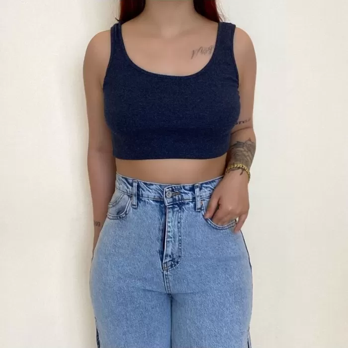 İndigo Kalın Askılı Fitilli Crop