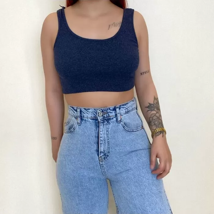 İndigo Kalın Askılı Fitilli Crop