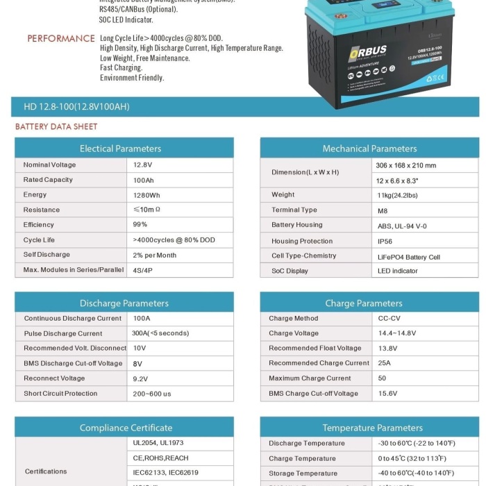 Orbus 12.8 V Volt 100 Amper Lityum Lifepo4 Akü