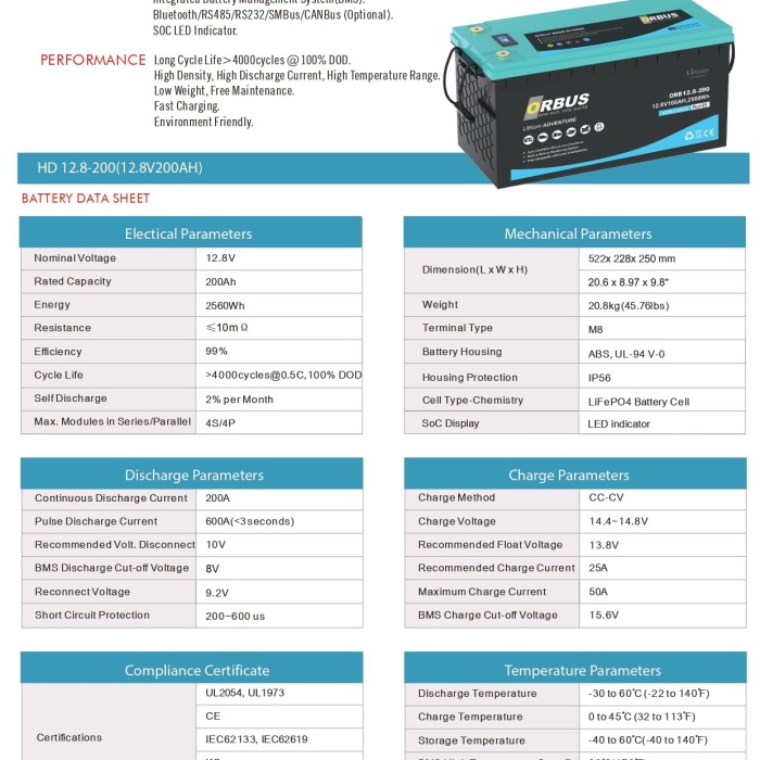 Orbus 12.8 V Volt 200 Ah Amper 2560 Wh Lityum Batarya Lifepo4 Lityum Akü