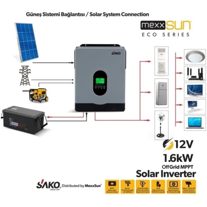 Sako E-sun 1.6 Kw 12 V Mppt Tam Sinüs Akıllı İnverter