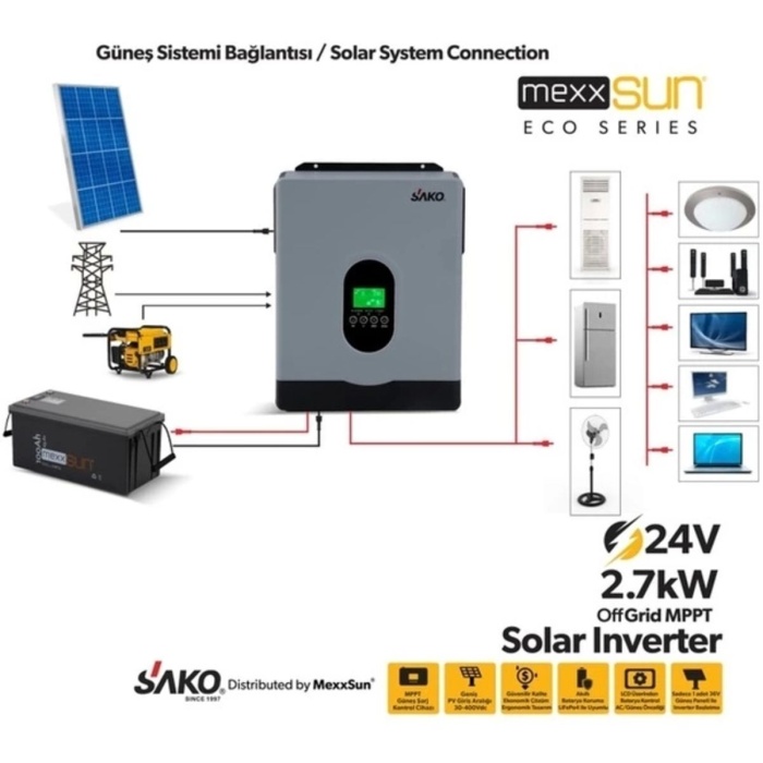 Sako E-sun 24 Volt 2.7 Kw Tam Sinüs Mppt Akıllı İnverter 450 Vdc