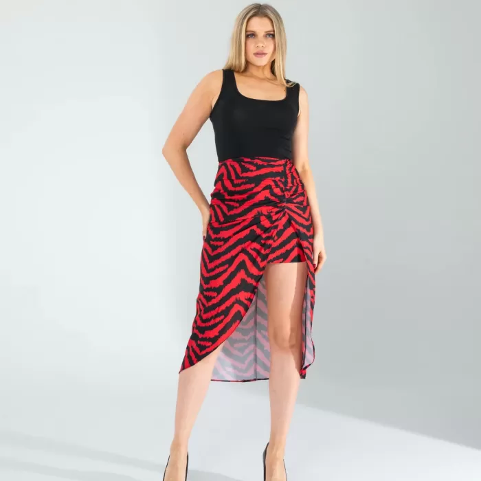 Kırmızı Zebra Desen Yandan Büzgülü Etek